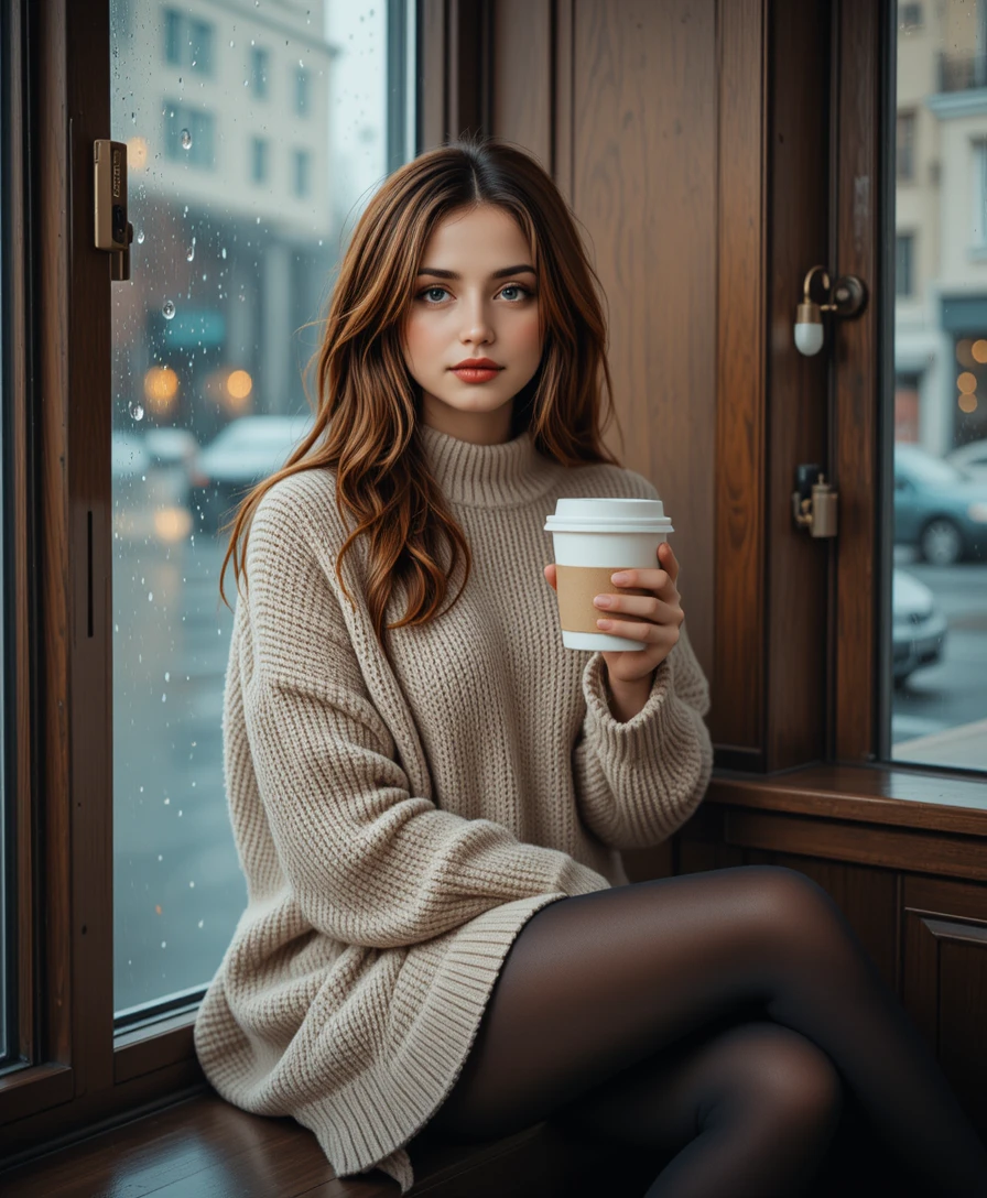 Young woman by a rainy café window in soft light