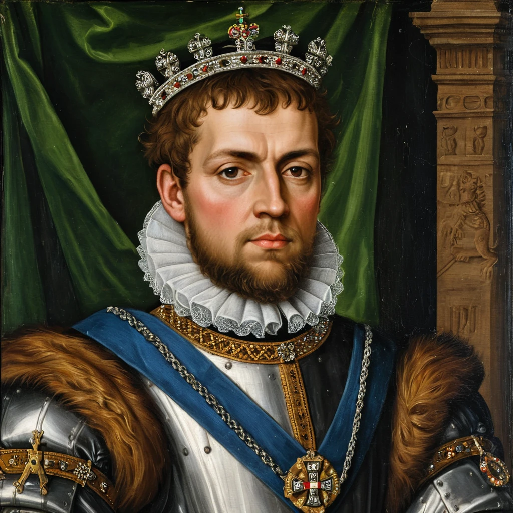 Retrato renascentista de um rei escocês com penteado de 1579