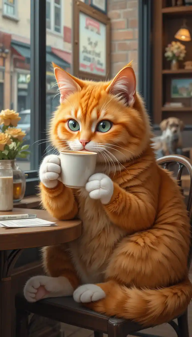 Gato laranja bebendo café e lendo em um café
