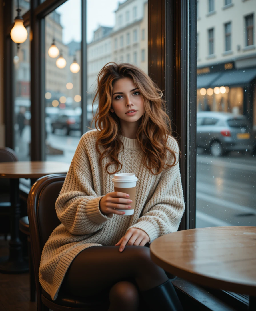 Young woman in cozy cafe by rainy window