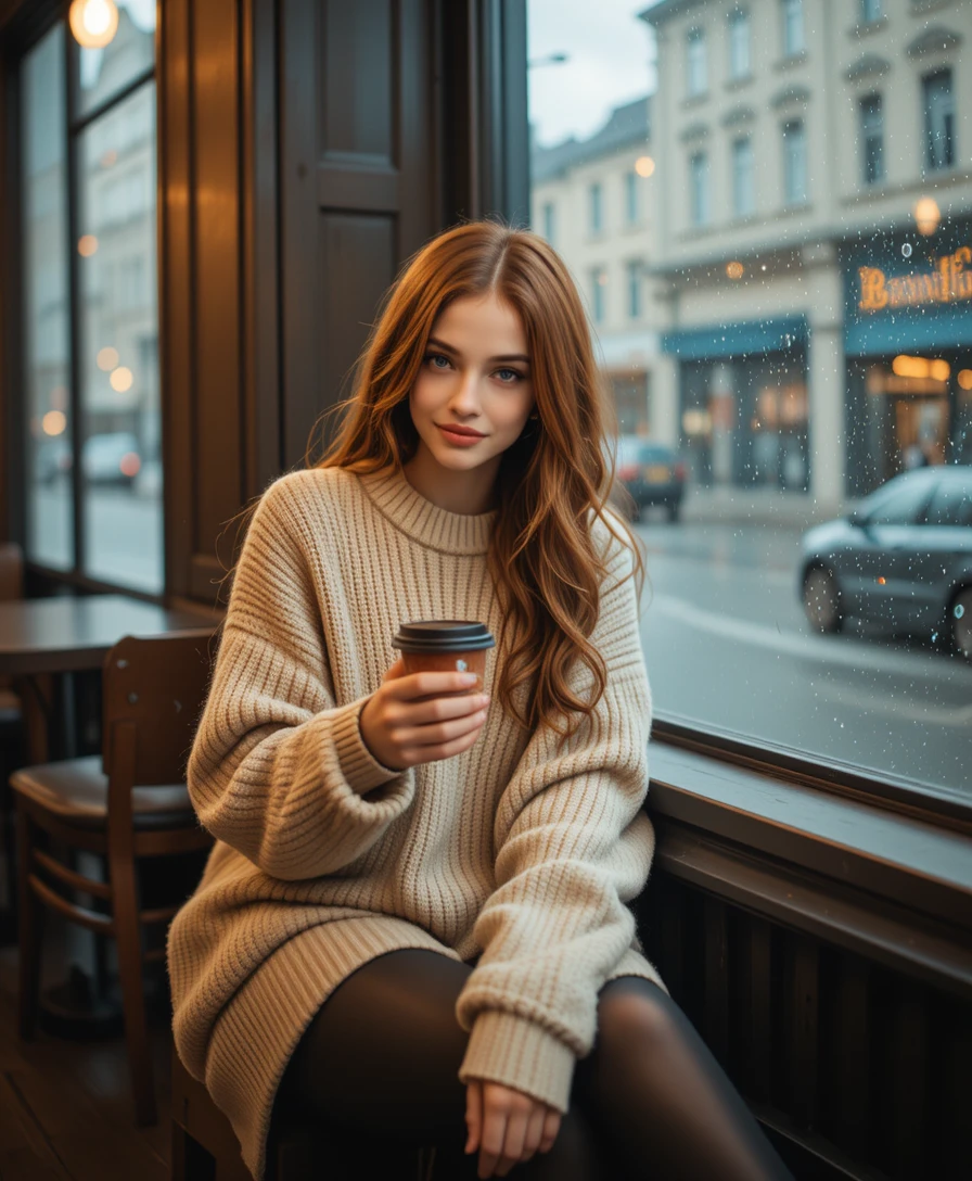 Junge Frau im gemütlichen Café am Fenster mit Blick auf die regnerische Stadt