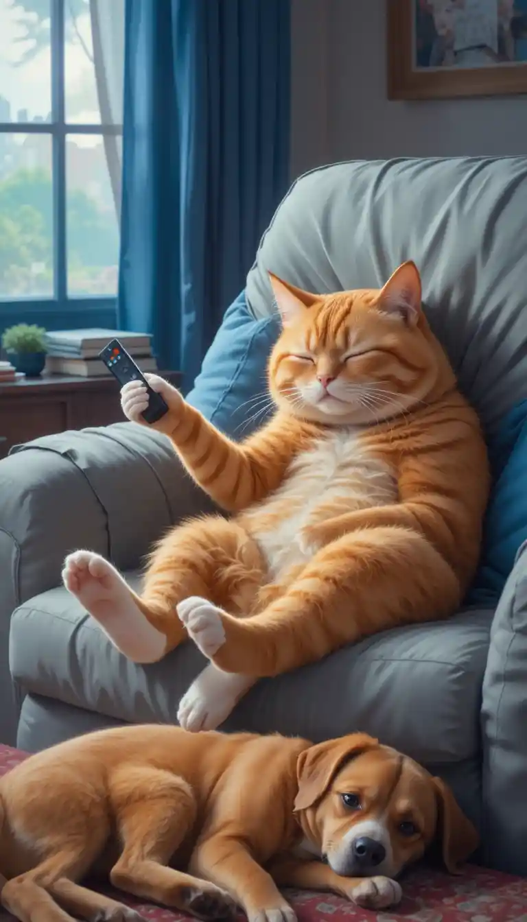 Orangefarbene Katze schläft auf einem Sofa und schaut fern