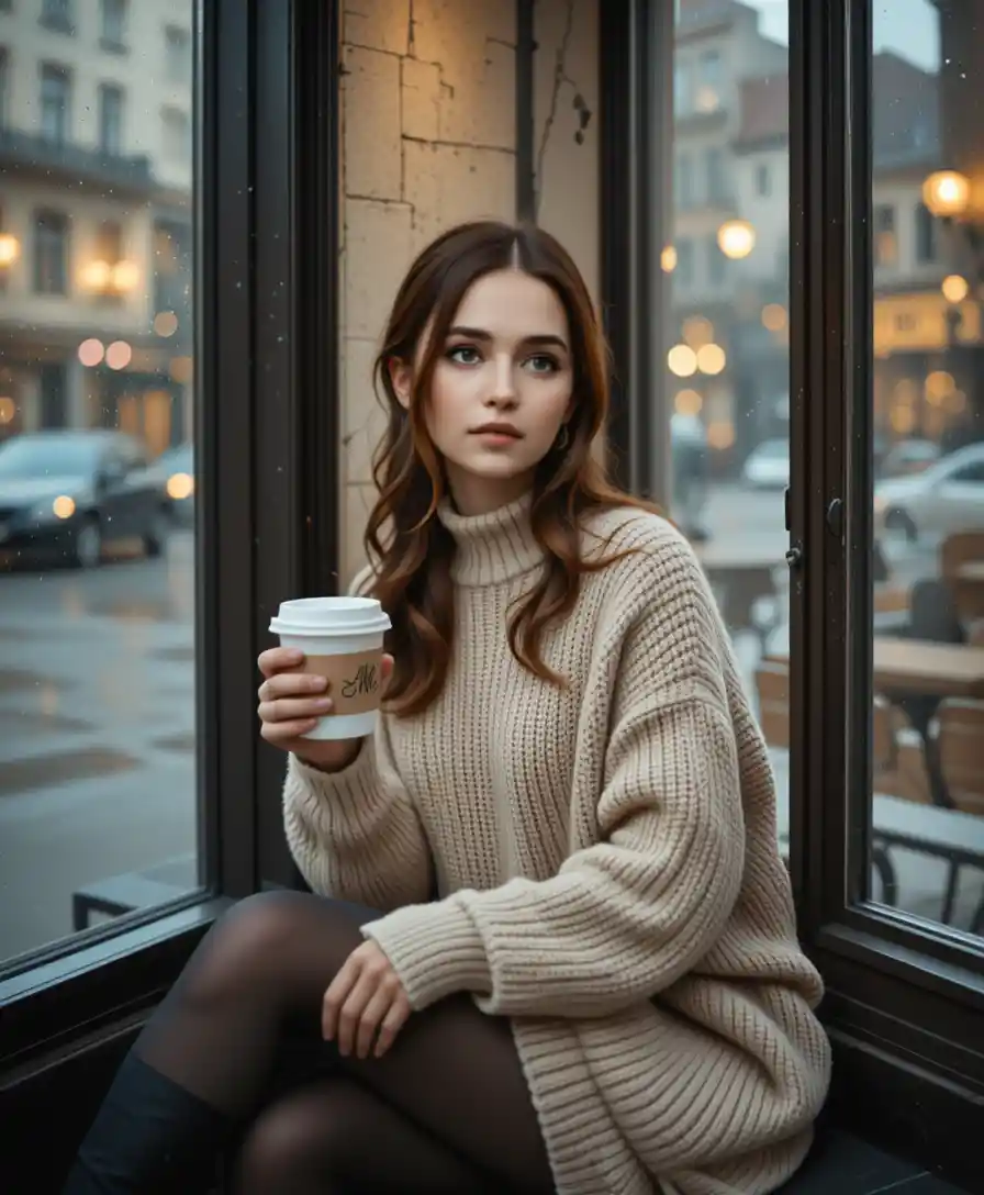 Jovem mulher na janela de um café chuvoso com café