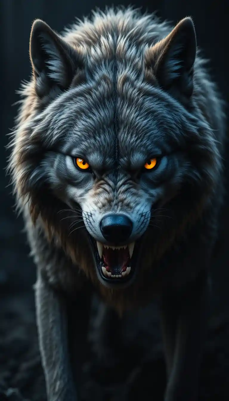 Loup gris grondant en gros plan avec des yeux jaunes flamboyants
