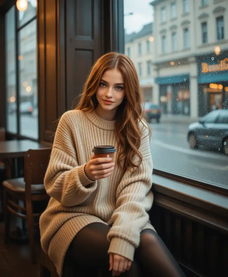 Young woman in cozy cafe by rainy city window