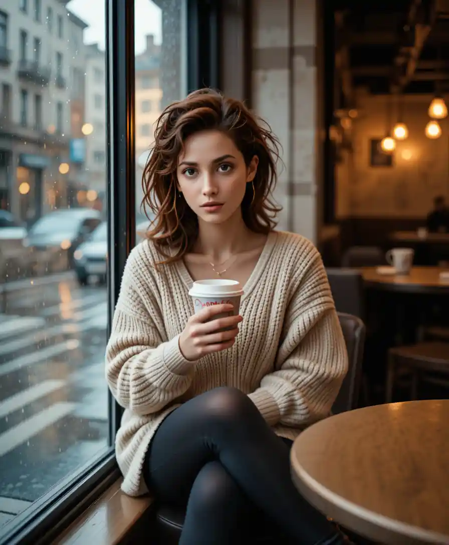 Young woman by café window on a quiet rainy day