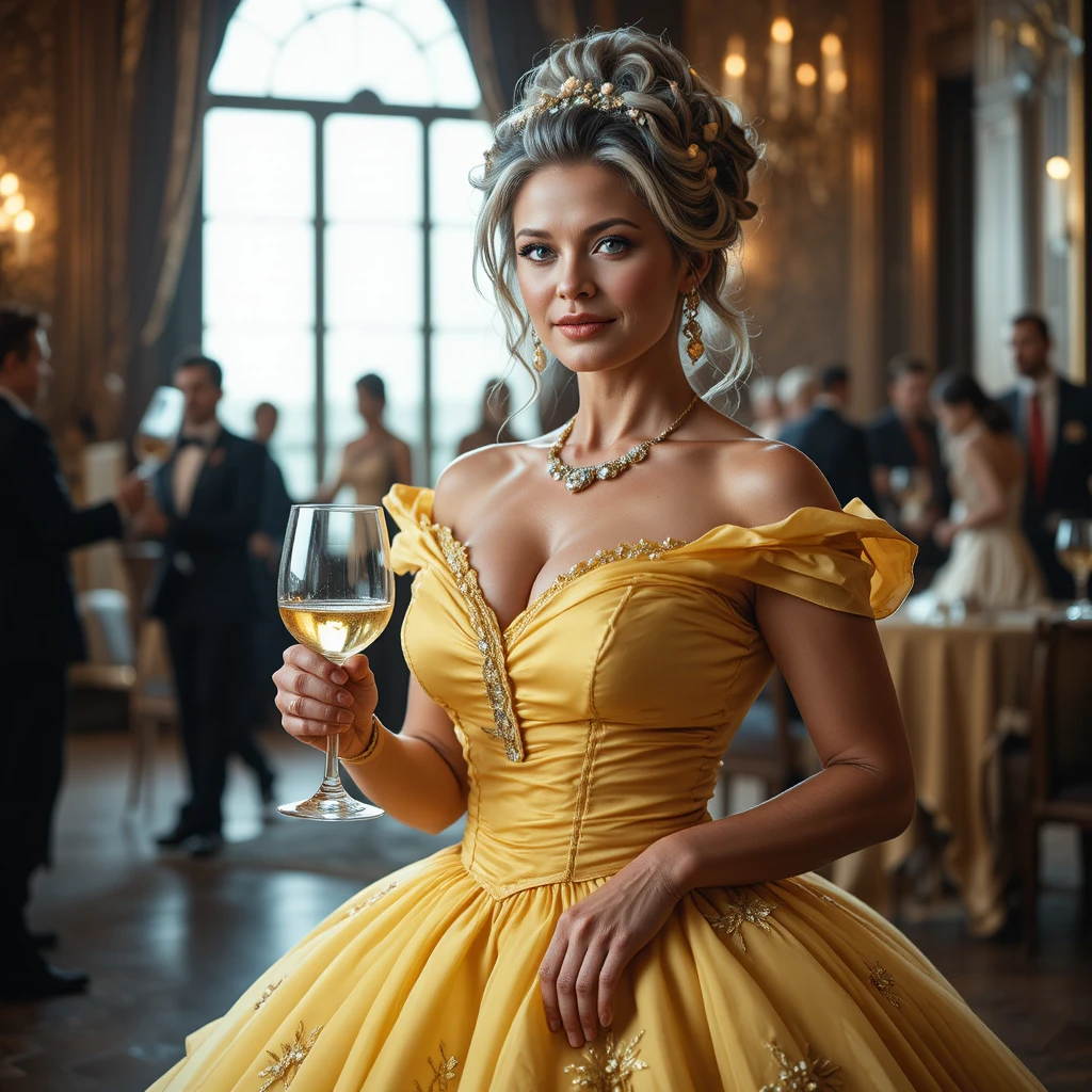 Femme mûre élégante en robe jaune tenant un verre de vin dans une salle de bal