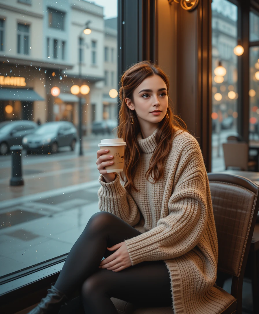 Jovem mulher na janela de um café chuvoso com café para viagem