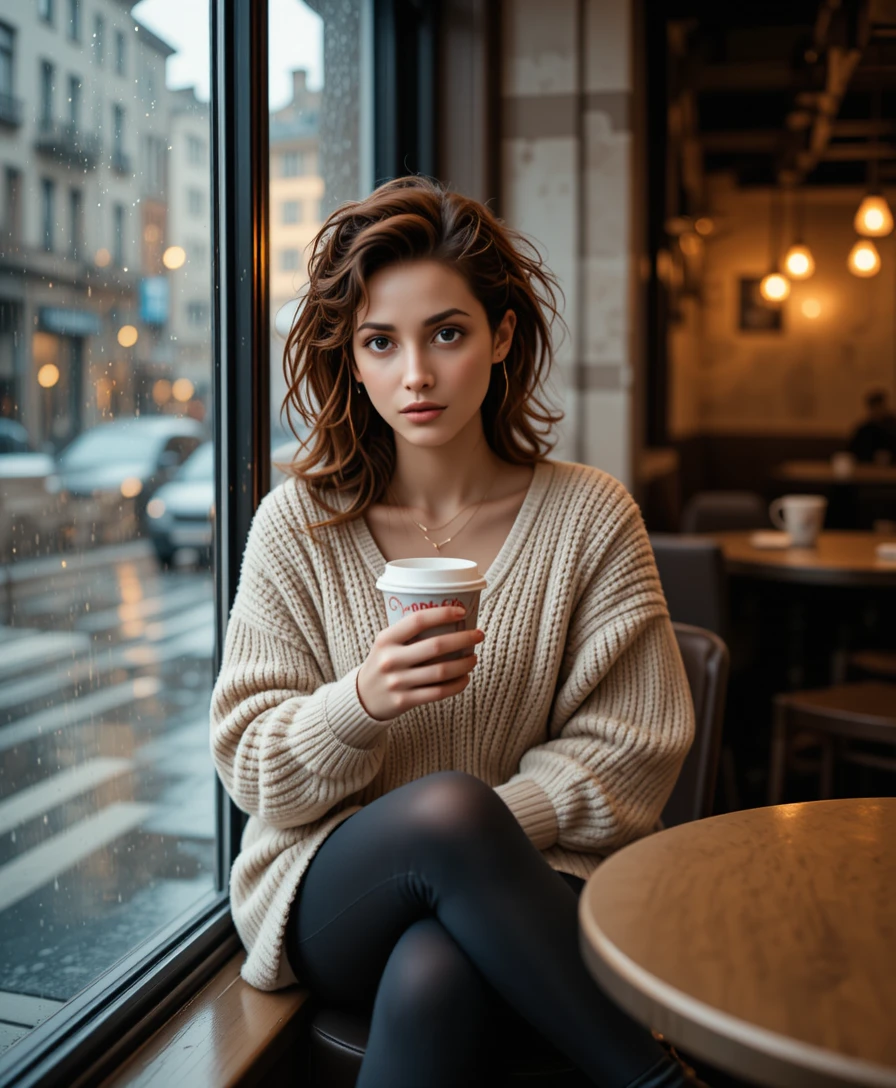 Young woman by café window on a quiet rainy day