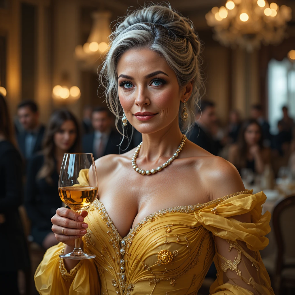 Elegante donna matura in abito giallo con un bicchiere di vino in sala da ballo