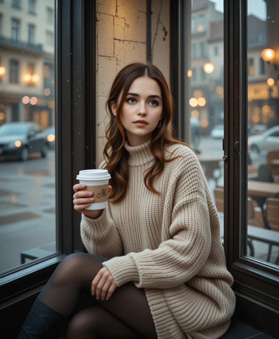 Jovem mulher na janela de um café chuvoso com café