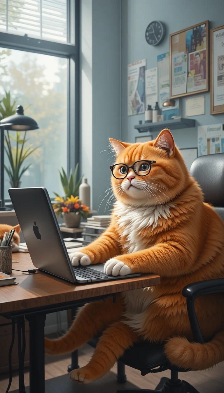 Gato laranja de óculos trabalhando em um laptop