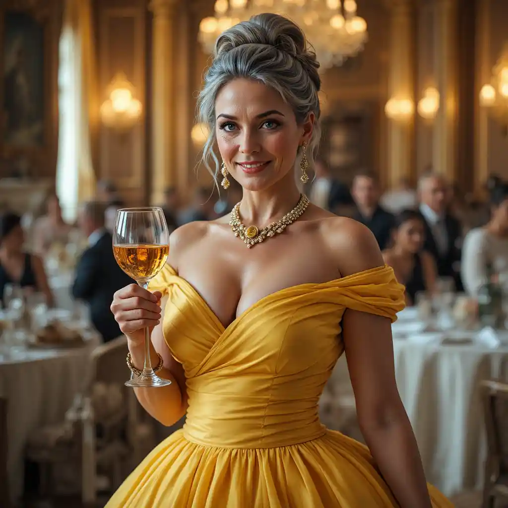 Elegant older woman in yellow gown holding wine in ballroom