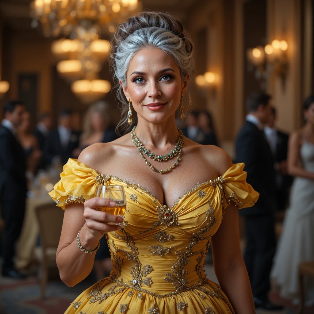 Élégante femme mûre en robe jaune tenant un verre de vin