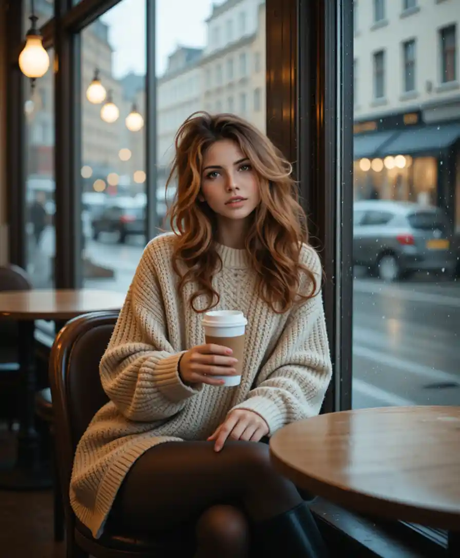 Young woman in cozy cafe by rainy window