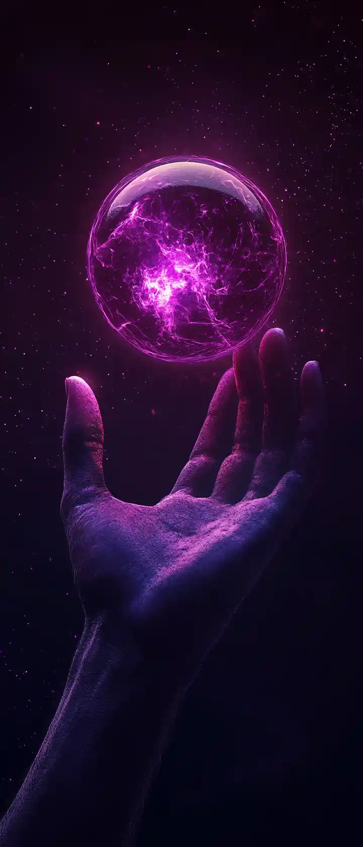 Menschliche Hand hält leuchtende neonviolette Energiesphäre