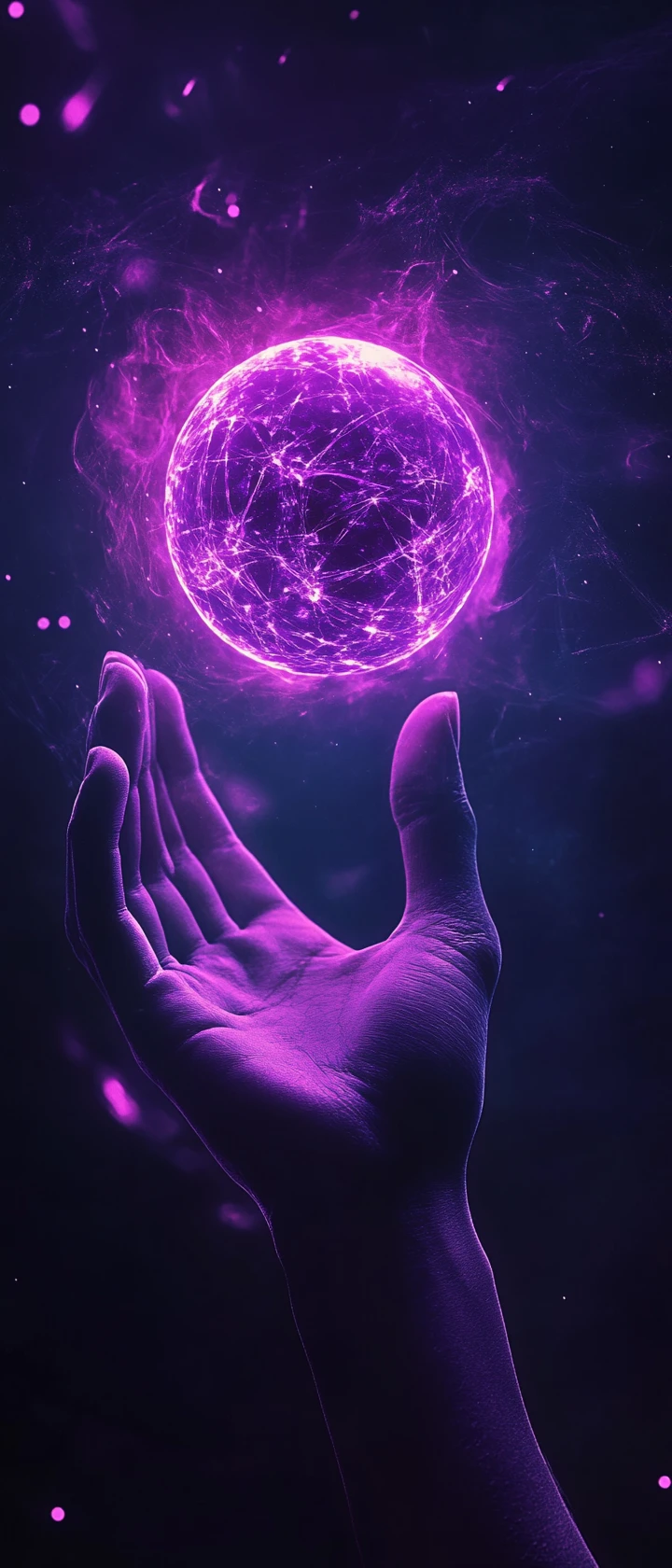 Mano umana che tiene una sfera di energia viola luminosa nell’oscurità