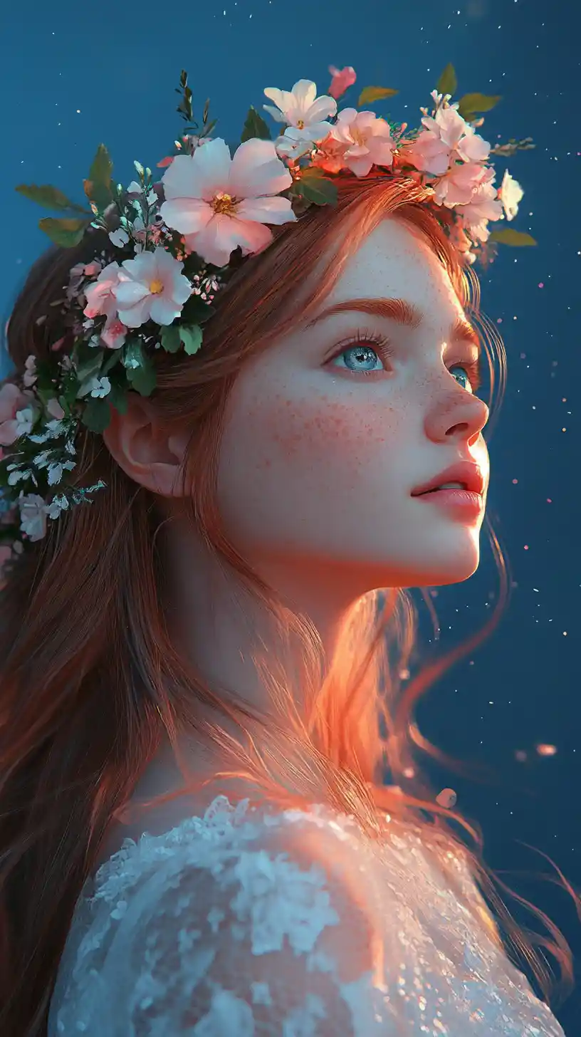 Flower crowned girl under a starry blue fantasy sky
