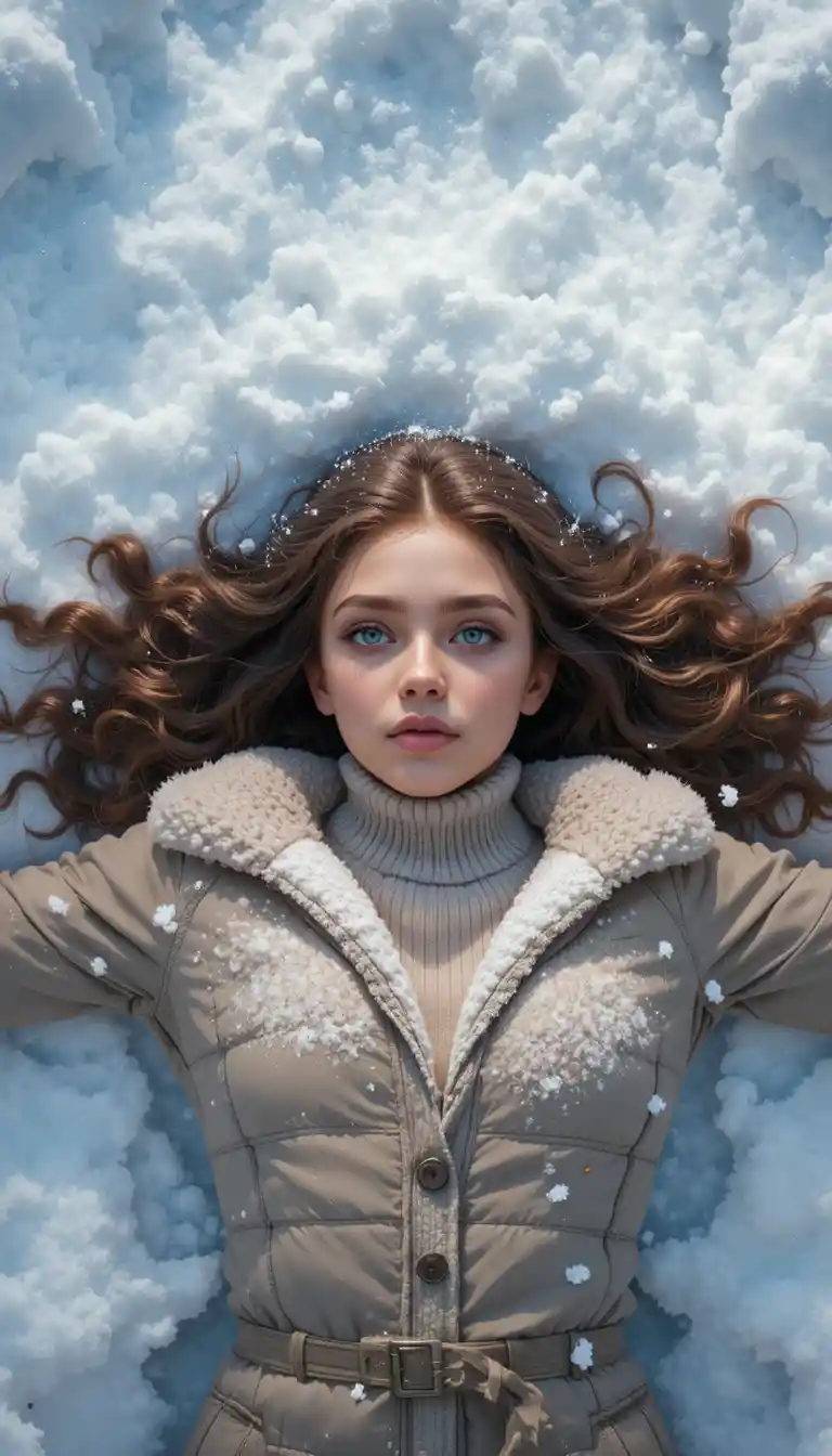 Giovane donna che fa un angelo nella neve in un paesaggio invernale