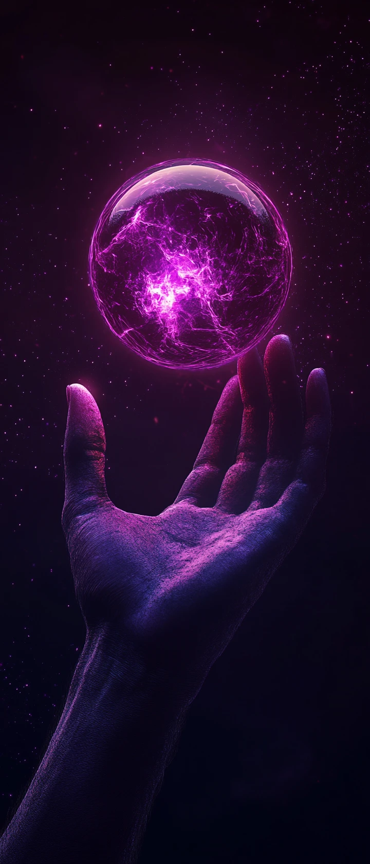 Mano umana che tiene una sfera di energia viola neon brillante