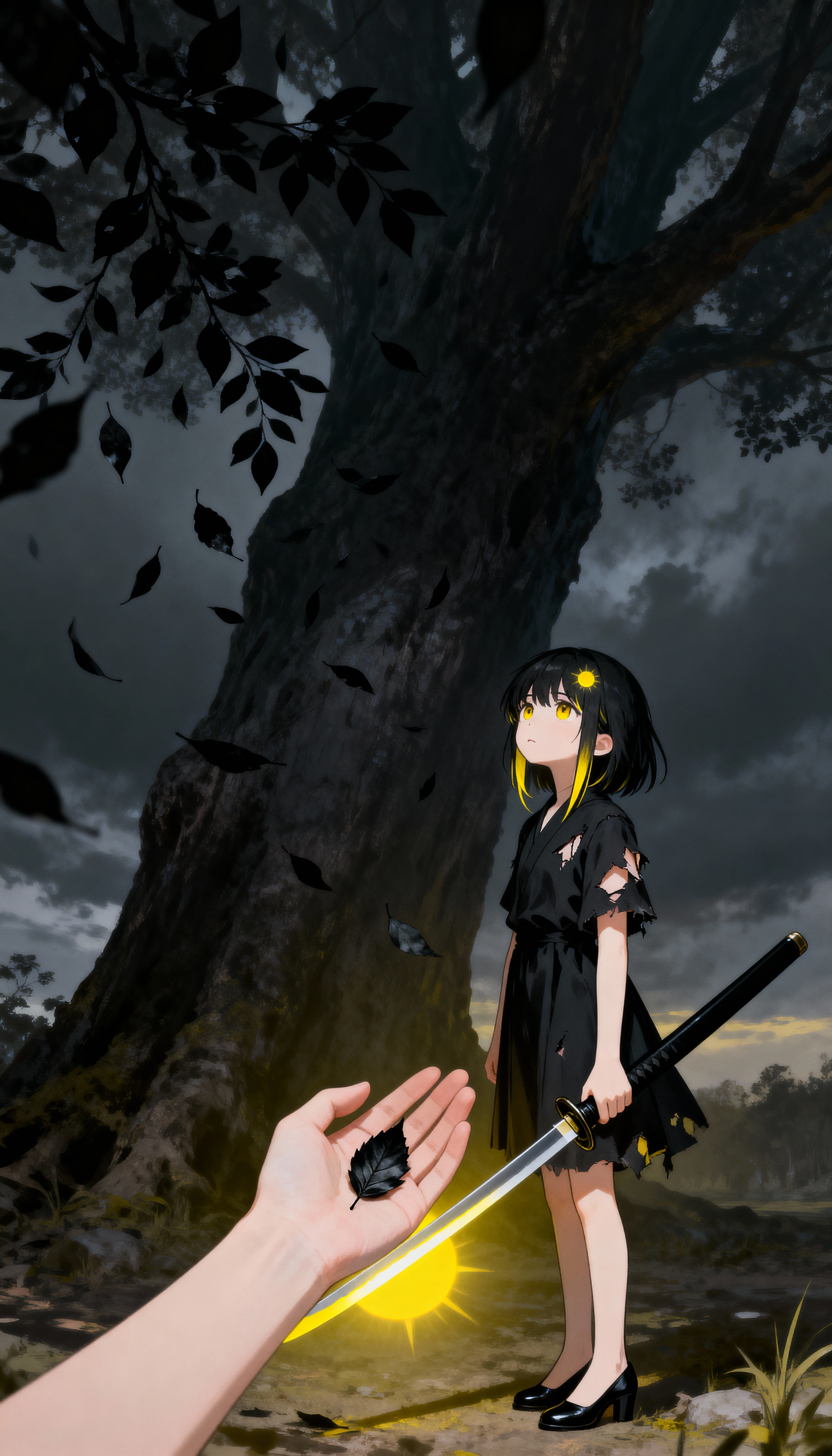 Garota estoica com katana sob uma árvore escura em queda