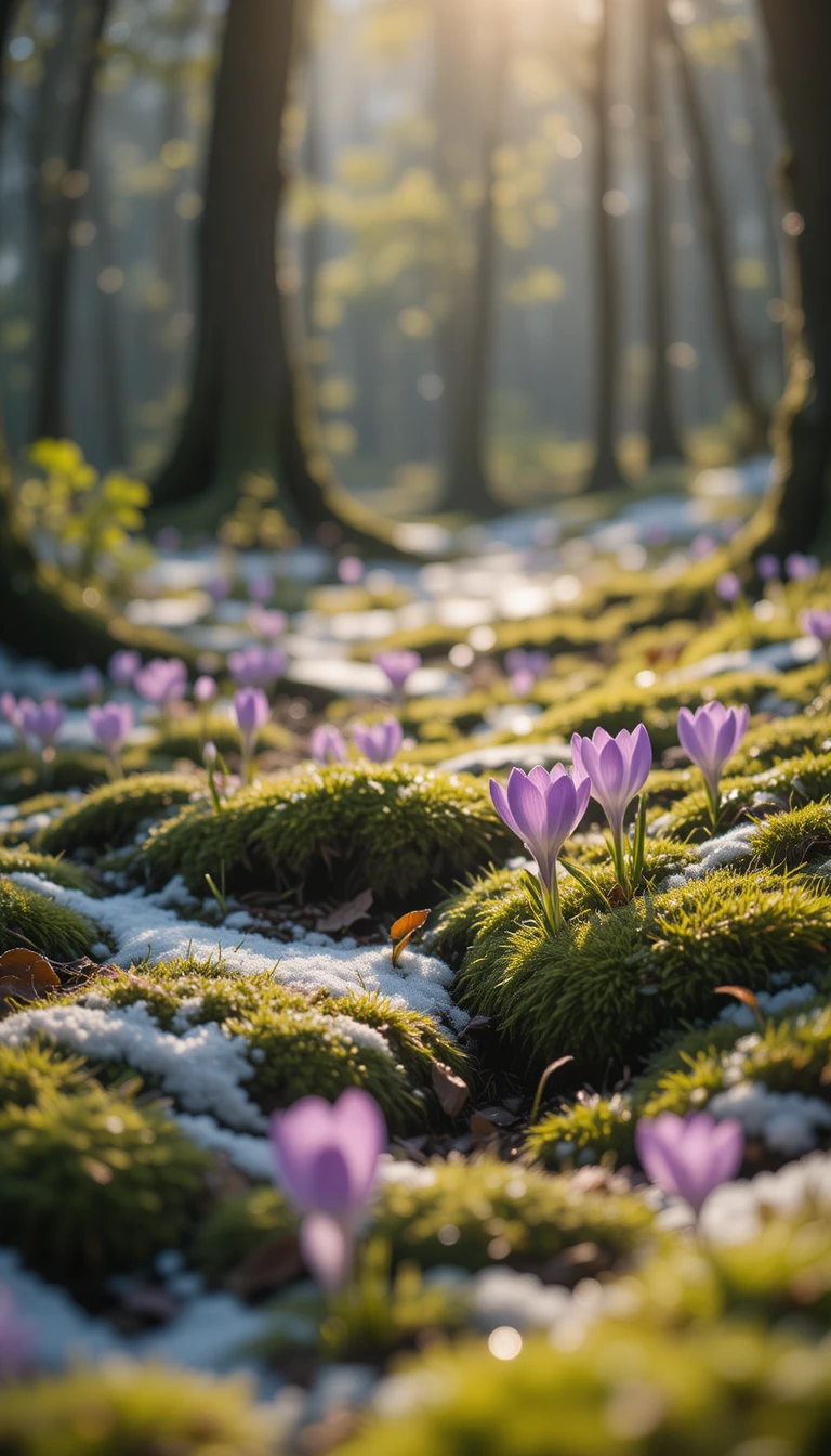 Sonnige Waldlichtung mit schmelzendem Schnee und frühen Frühlingsblumen