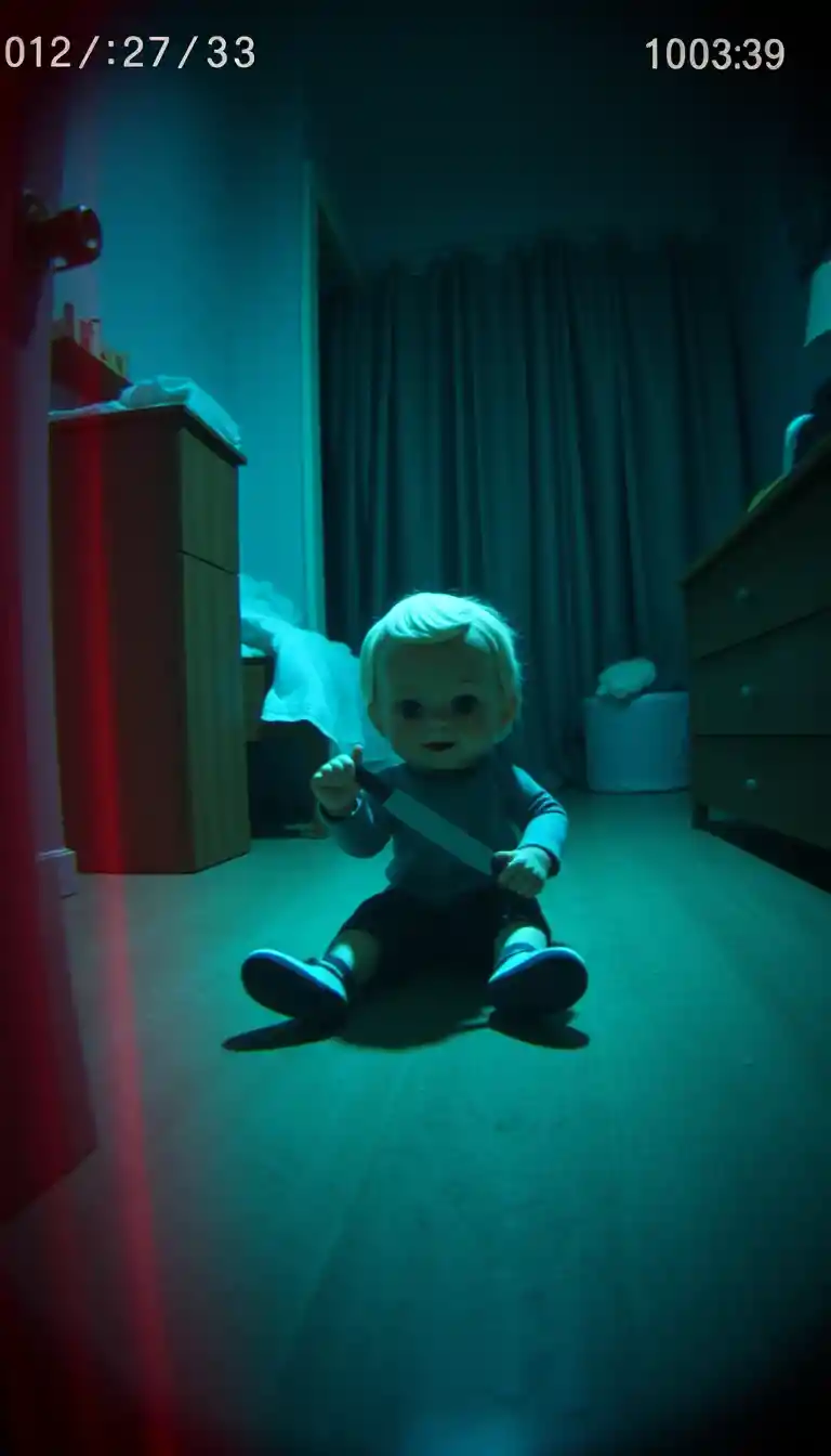 Vista de CCTV de quarto infantil com boneca assustadora