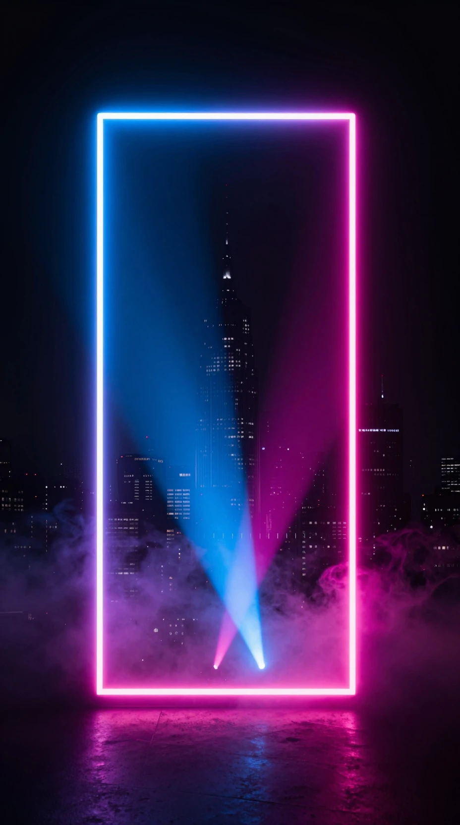 Portal de néon brilhante emoldura o horizonte distante de uma cidade futurista
