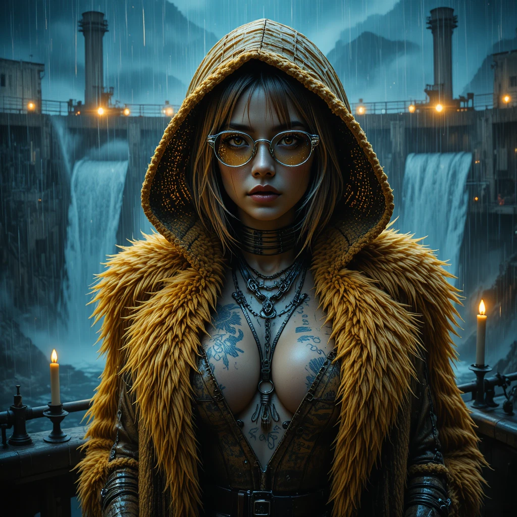 Hooded femme fatale on neon lit coastal megadam