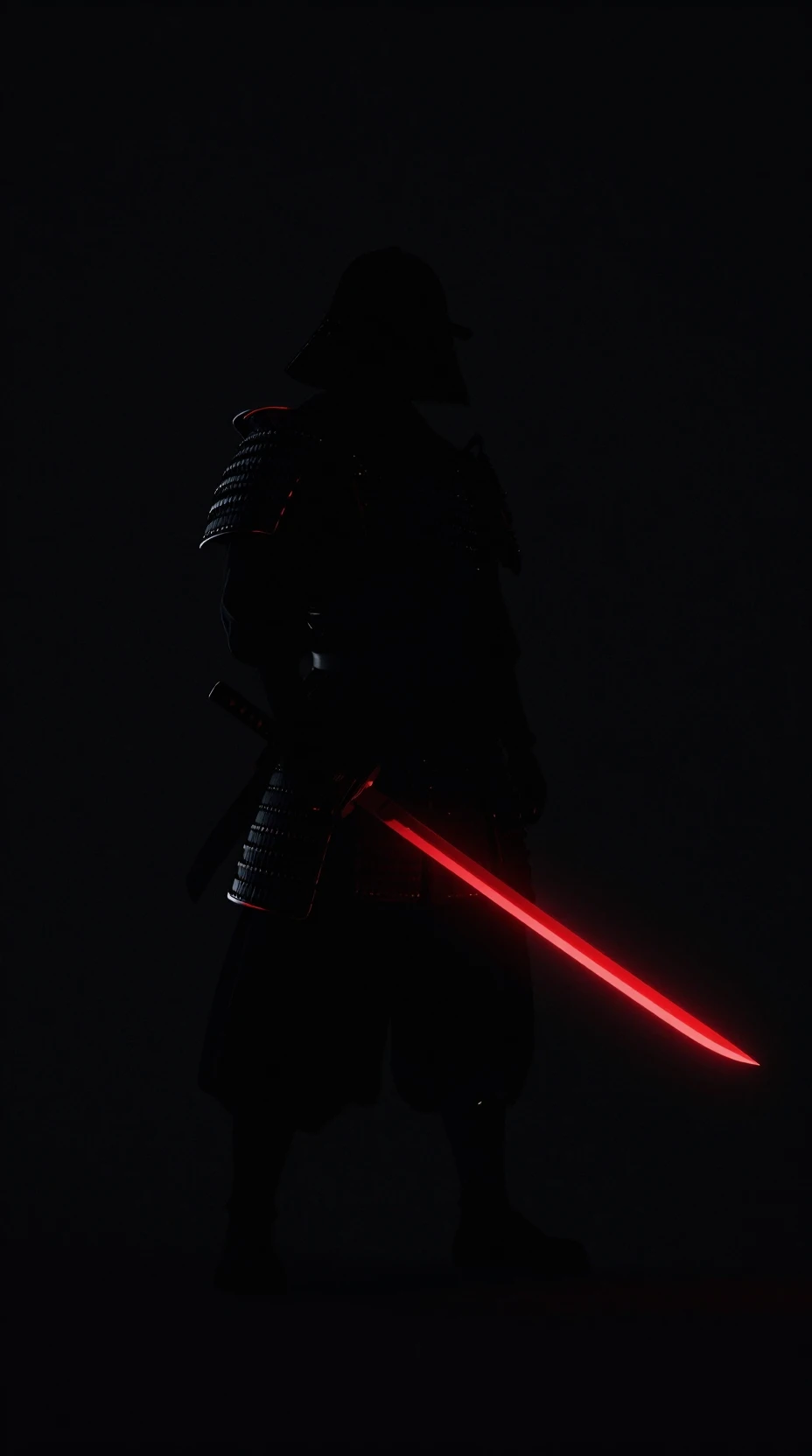Silhouette di samurai con katana al neon rossa luminosa nell’oscurità