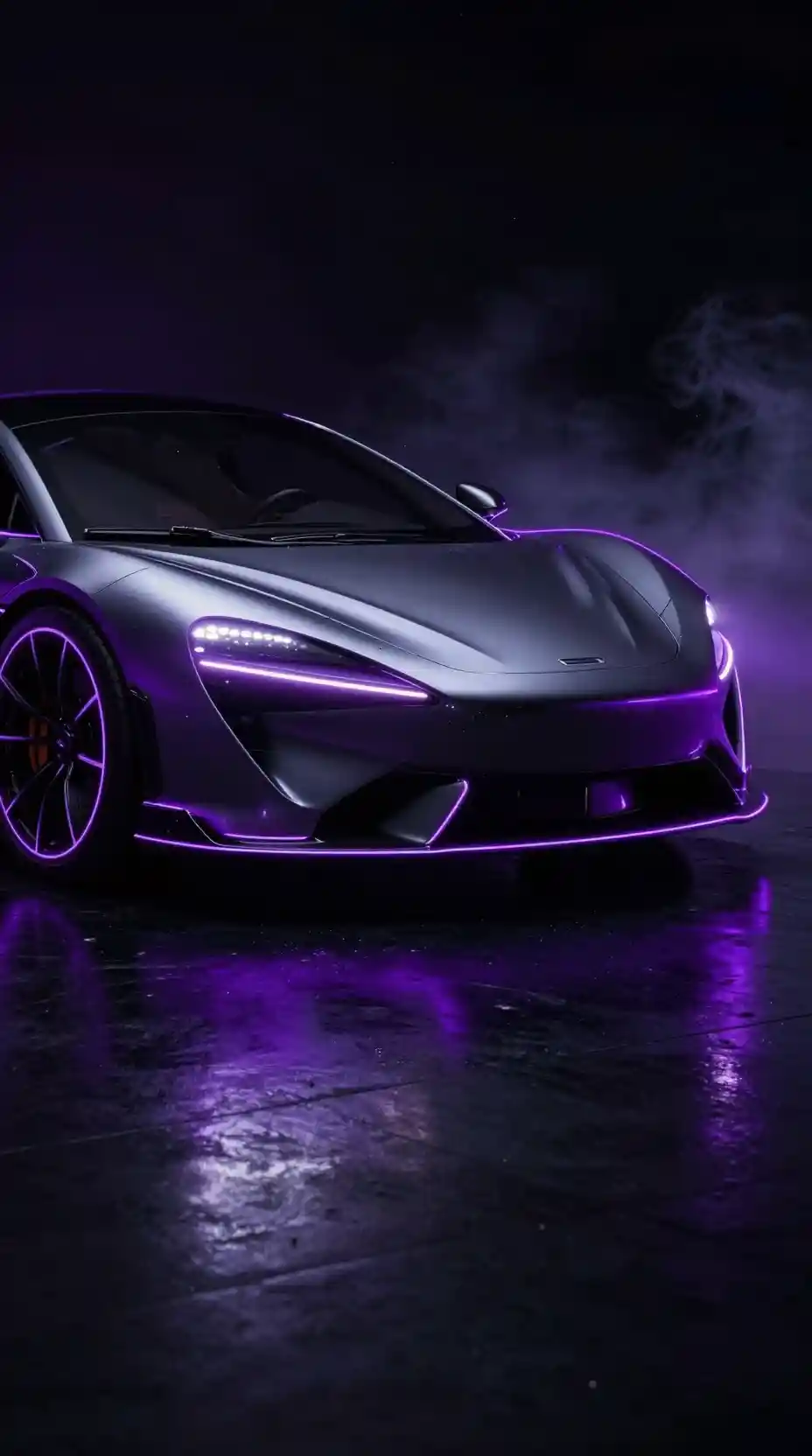 Auto sportiva futuristica delineata da luce viola al neon