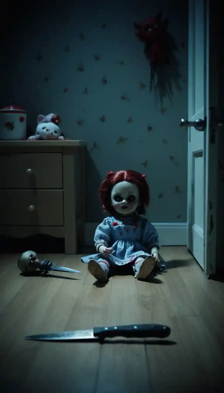 Boneca assustadora com faca em quarto infantil à noite