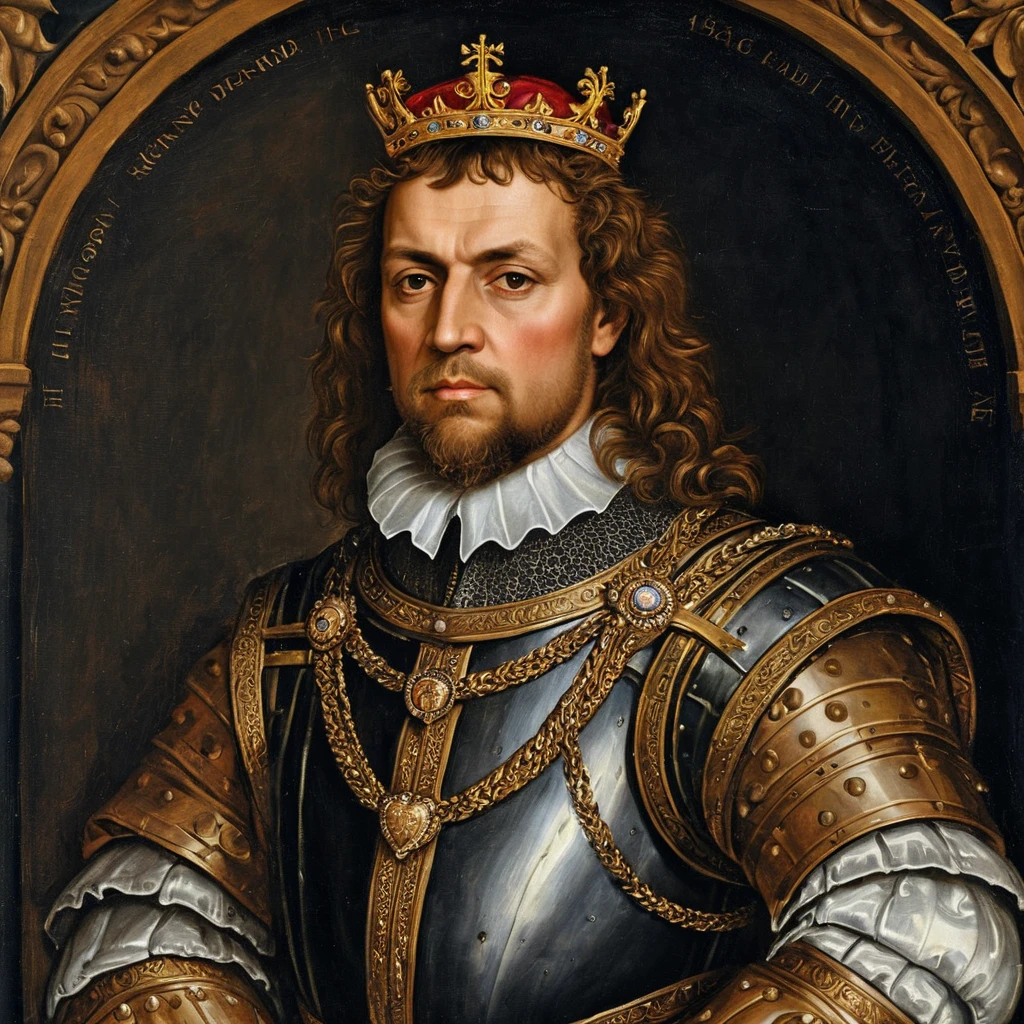Retrato renascentista de um rei escocês com cabelo comprido e barba