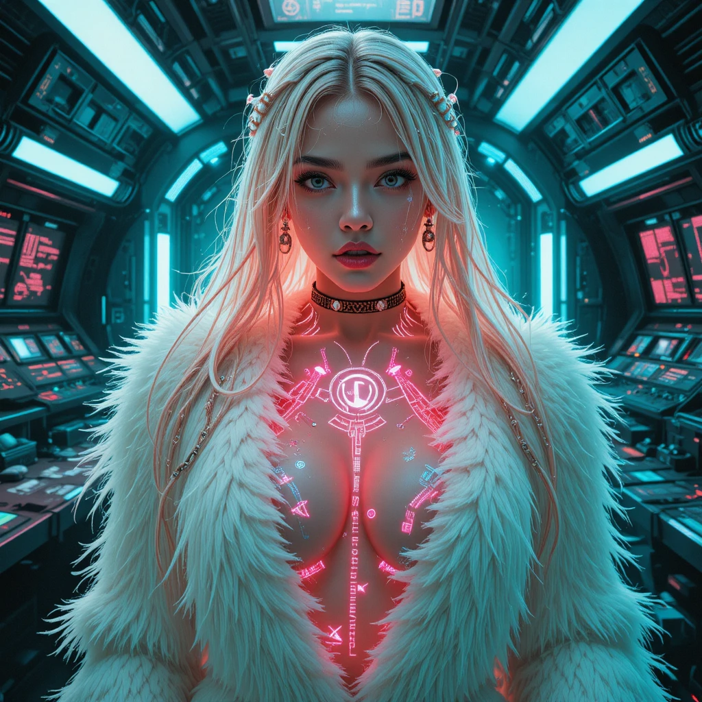 Futuristic woman in flooded orbital control room portrait