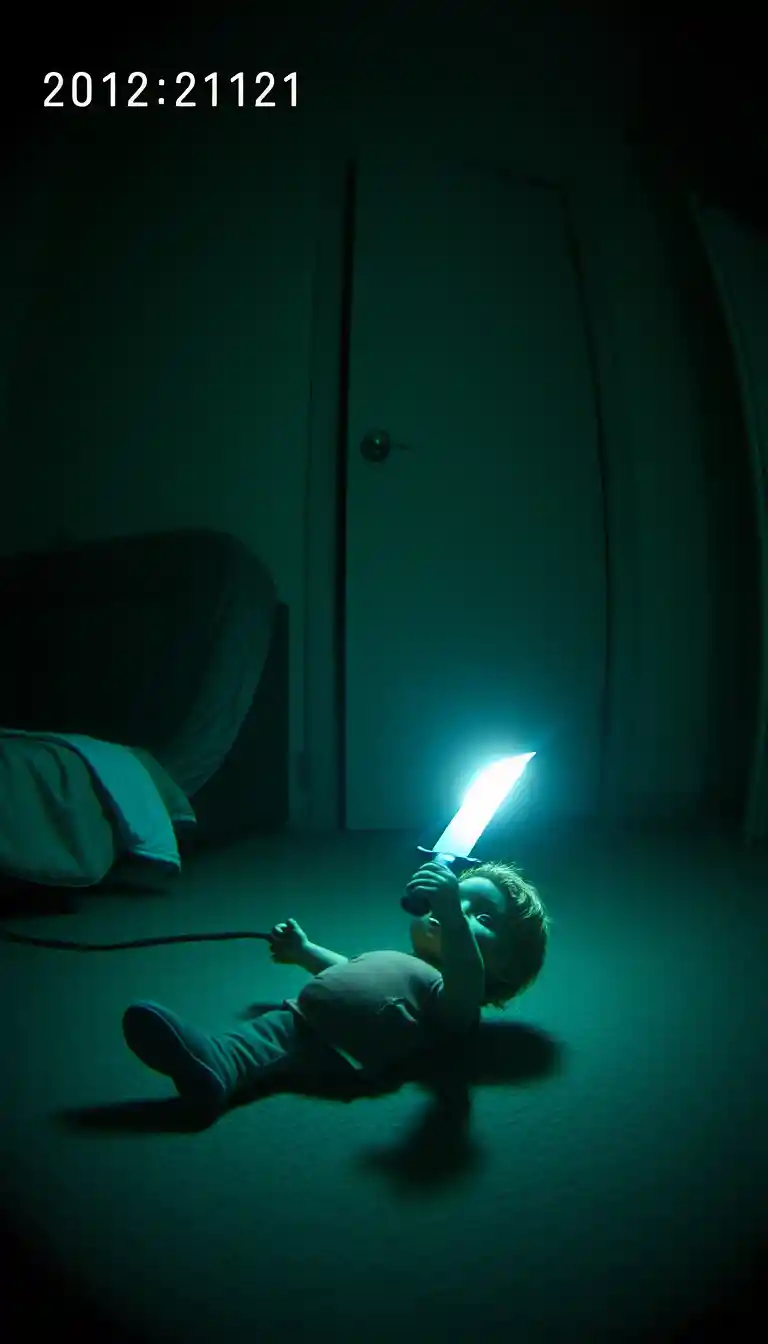 Gruselige Puppe mit Messer in Kinderzimmer-CCTV-Szene