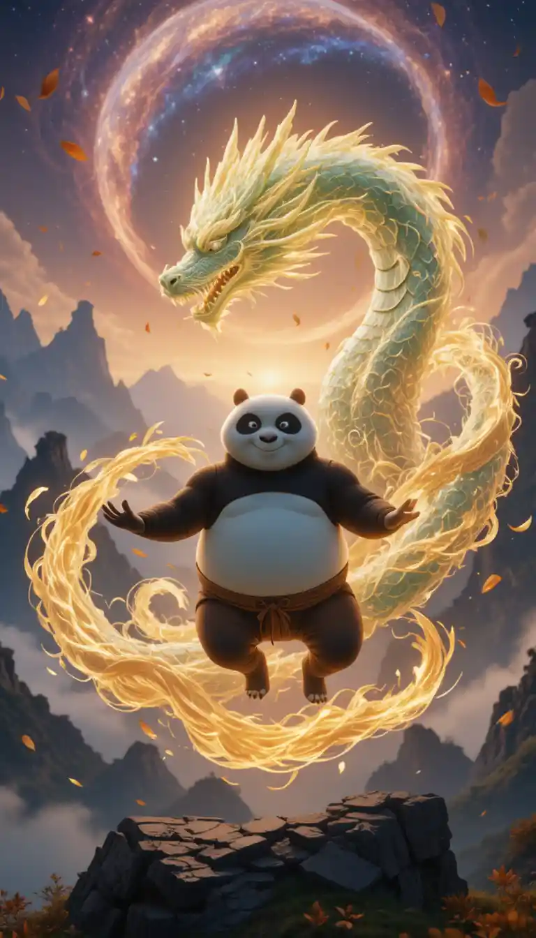 Panda meditando cercado por um dragão de energia em espiral