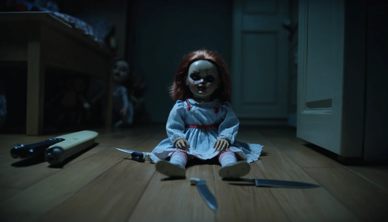Boneca assustadora no chão do quarto infantil em visão de CFTV
