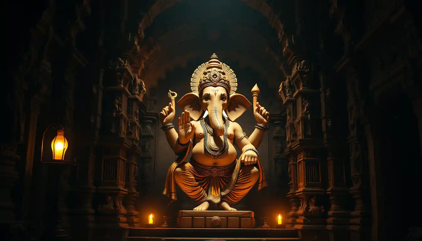 Lord Ganesha leuchtet in einem schattigen antiken Tempel