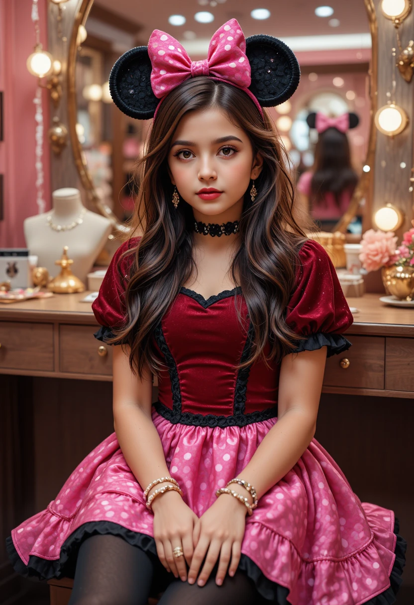 Menino pré-adolescente nervoso com vestido rosa da Minnie na penteadeira