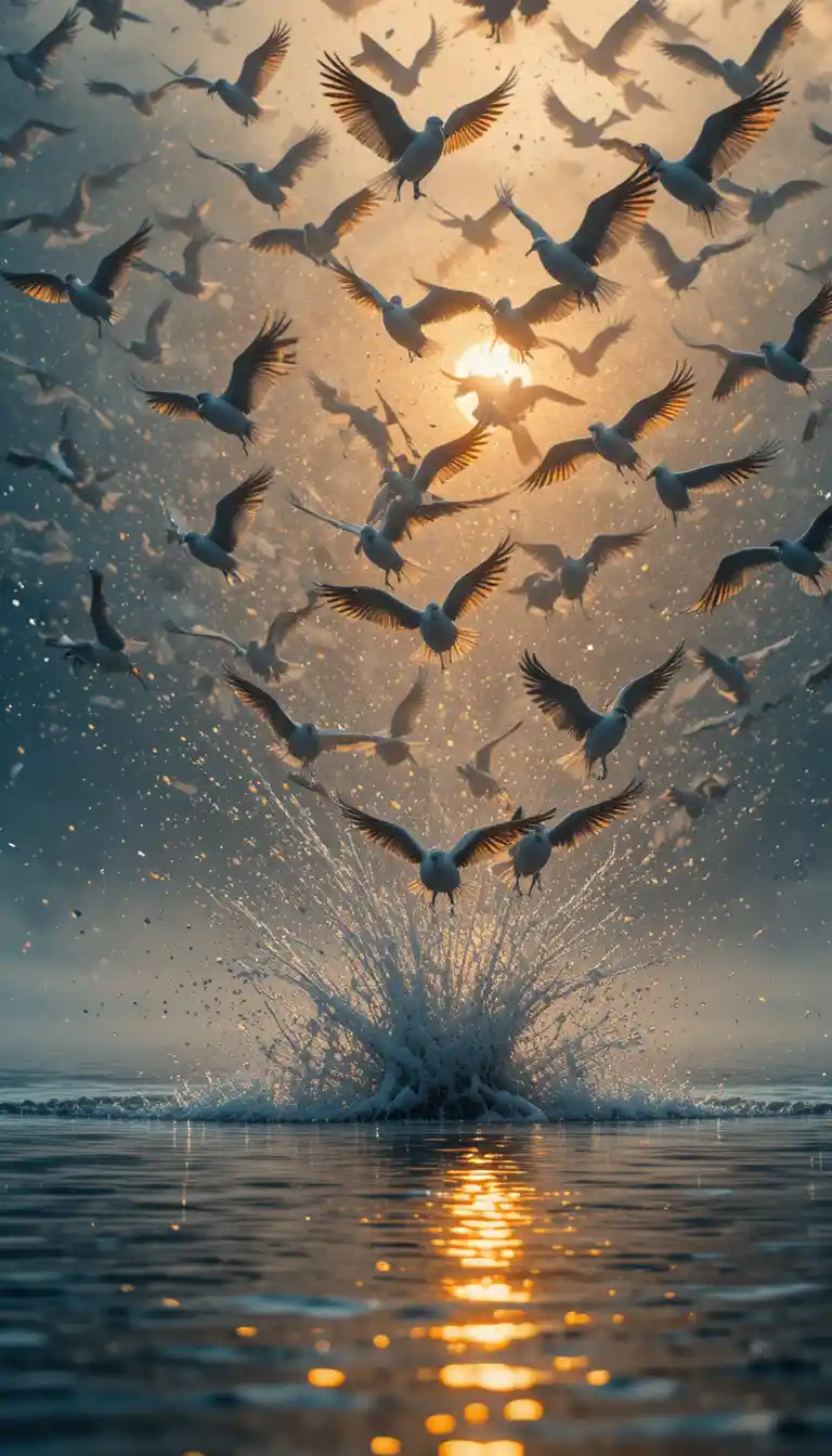 Stormo di uccelli che si alza da un lago nebbioso all’alba