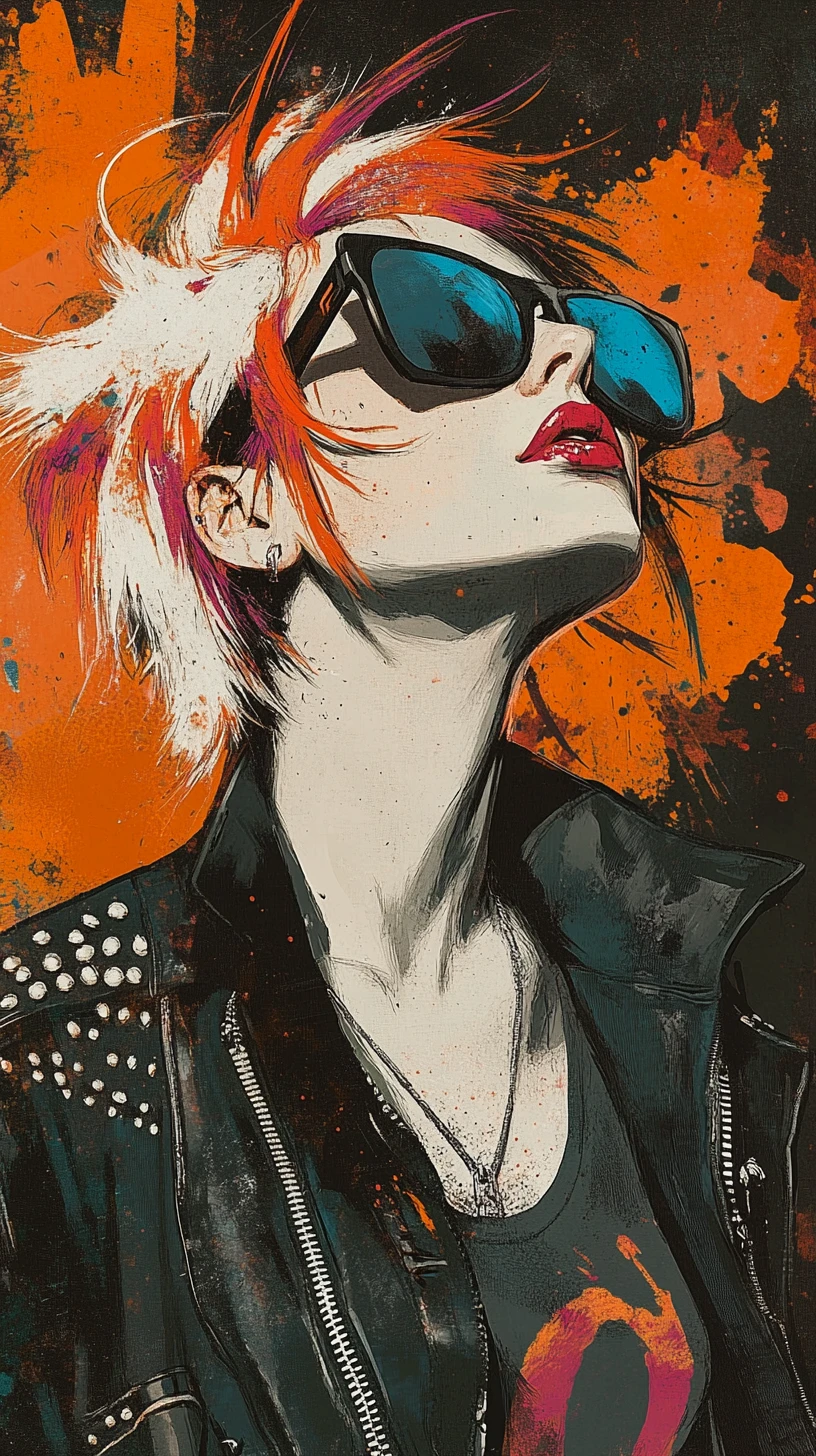 Portrait de fille rebelle avec cheveux néon et lunettes de soleil