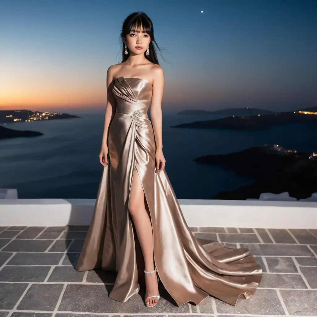 Mulher elegante em vestido de noiva de cetim à noite em Santorini