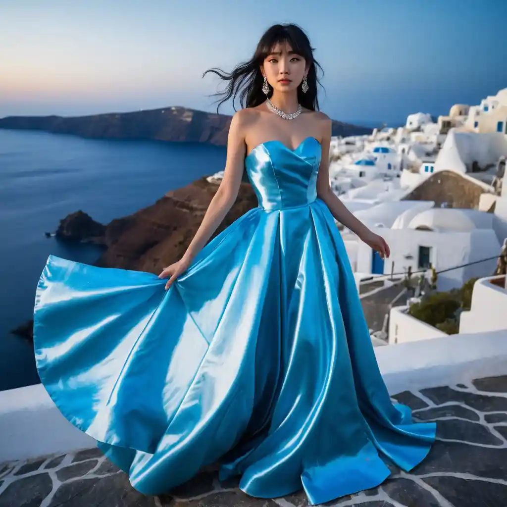 Jovem mulher em vestido de cetim azul à noite em Santorini