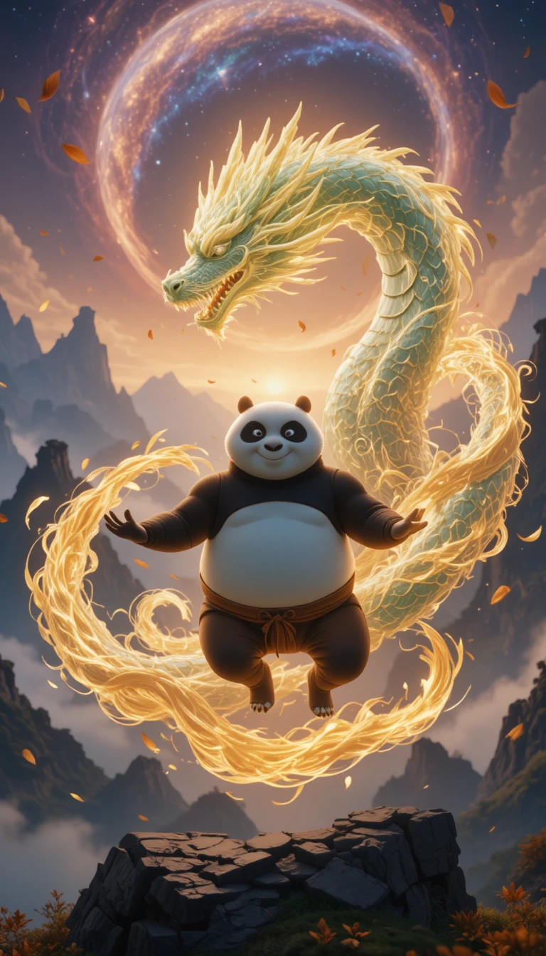 Panda meditando cercado por um dragão de energia em espiral