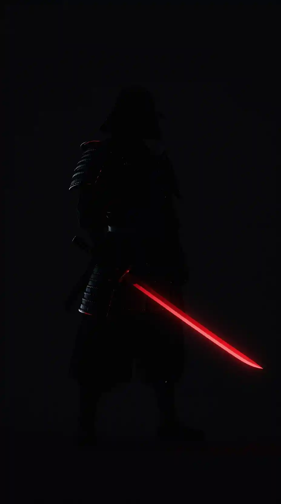Silhouette di samurai con katana al neon rossa luminosa nell’oscurità
