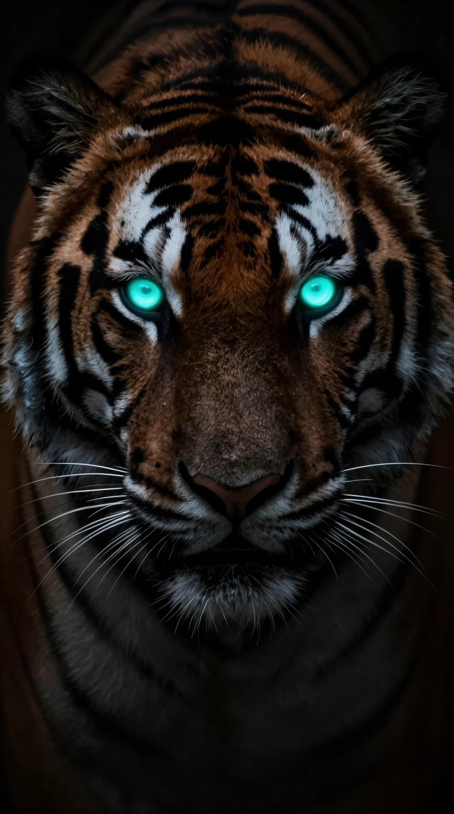 Nahaufnahme eines Tigergesichts mit leuchtenden neon-cyanfarbenen Augen