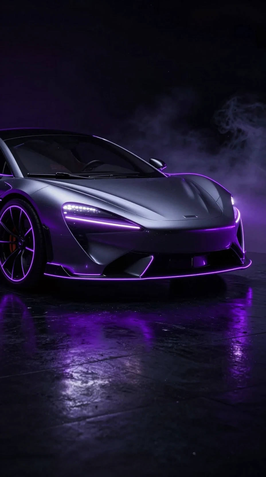 Auto sportiva futuristica delineata da luce viola al neon