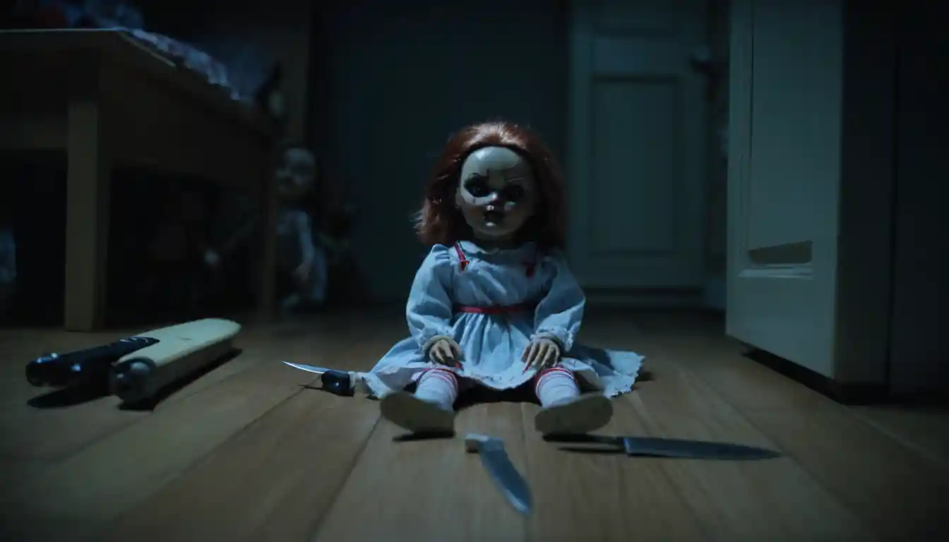 Boneca assustadora no chão do quarto infantil em visão de CFTV