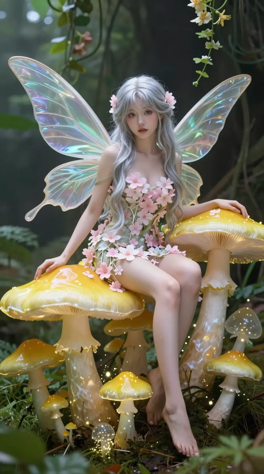 Silver haired fairy sitting on glowing yellow mushrooms