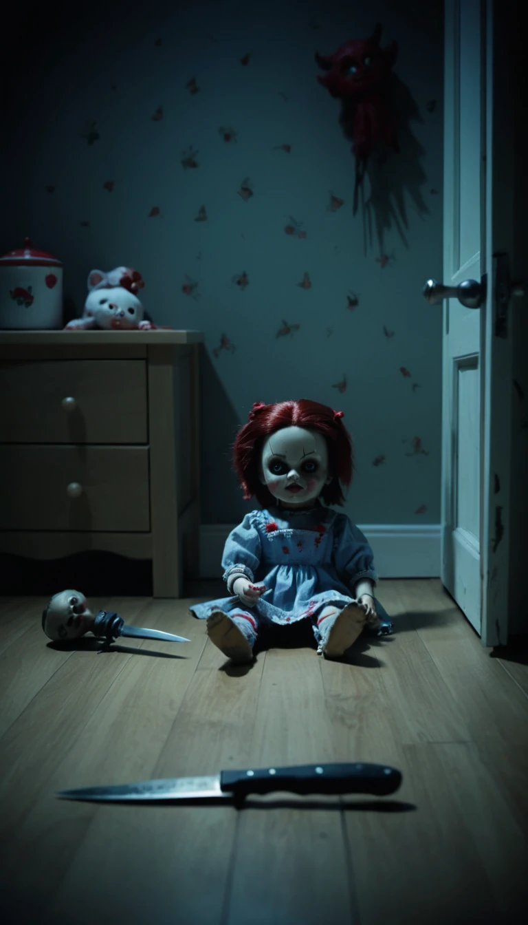 Boneca assustadora com faca em quarto infantil à noite